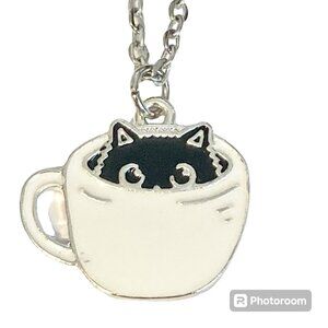 Black Cat Charm Pendant Necklace 18" Chain Enamel Coffee Cup Halloween Cat Lady